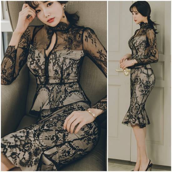 大きいサイズ パーティードレス 大きいサイズ レース ワンピース レース ドレス ワンピース 食事会 長袖 膝丈 フリル 20代 30代 40代 ブラックドレス 大きいサイズ 秋 冬 5,918円