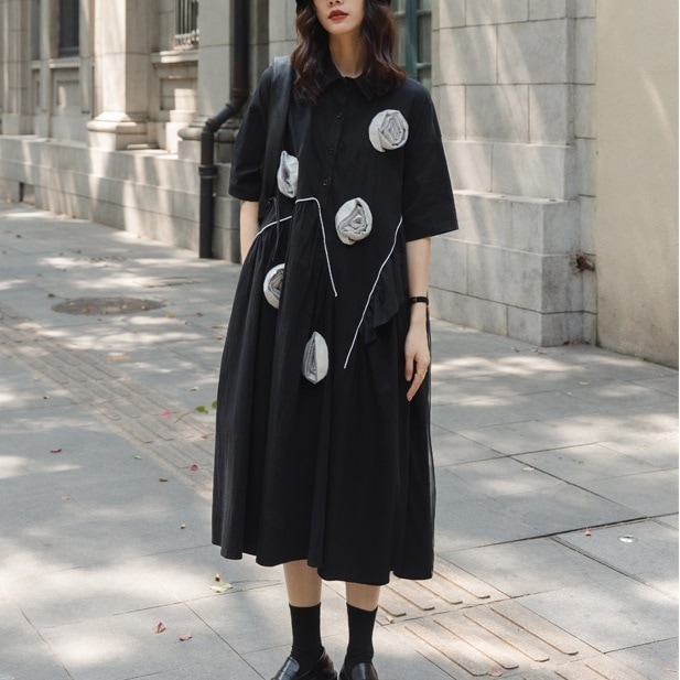 レディース ワンピース シャツワンピ ティアード 膝下 ミモレ 5分袖 クルーネック 襟付き ポロカラー ワイド フレア ストレート Iライン 切り替え オーバーサイズ 前開き 大人可愛い こなれ感