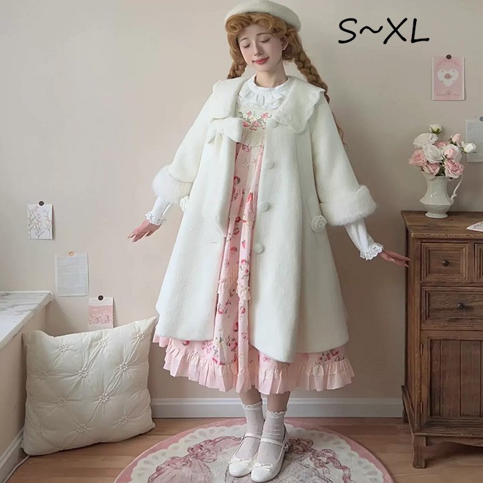 ステンカラーコート 冬服 レディース ジャケット 膝丈 もこもこ フリル コート ロリータ ロリータコート ロリータアウター トップス アウター 小柄 可愛い 学生 通学 通勤 日常着 着痩せ 女の子