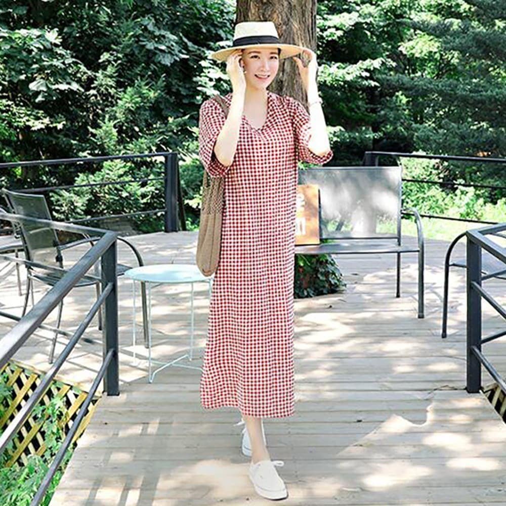 ギンガムチェックワンピース ワンピース ロング ロング丈 袖あり 半袖 ラウンドネック スリット サイドスリット 綿 麻 リネン かわいい 大人可愛い きれいめ シンプル カジュアル 大人 おしゃれ