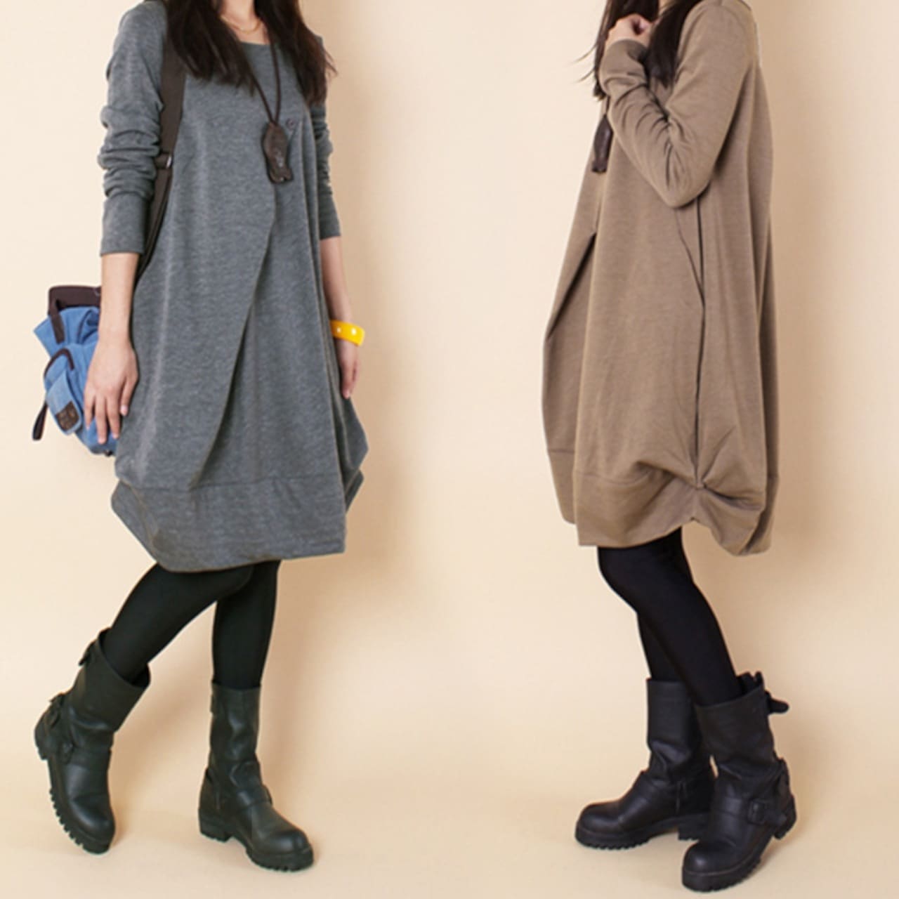 ワンピース 長袖 秋冬 膝丈 大人 大きいサイズ ロング Aライン 黒 無地 ゆったり かわいい おしゃれ グレー カーキ ボタン 着やせ 体型カバー タック ゆる 厚手 ノンストレス ひざ丈