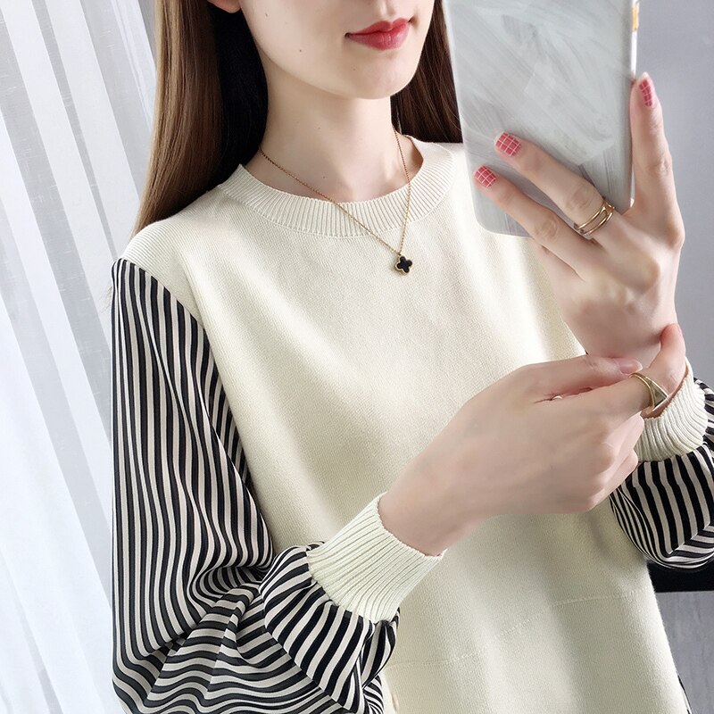 セーター レディースファッション チュニック 大きいサイズ XL 長袖 ラウンドネック 切り替えデザイン ストライプ ミドル丈 ゆったり 着痩せ 体型カバー 上品 おしゃれ 20代 30代