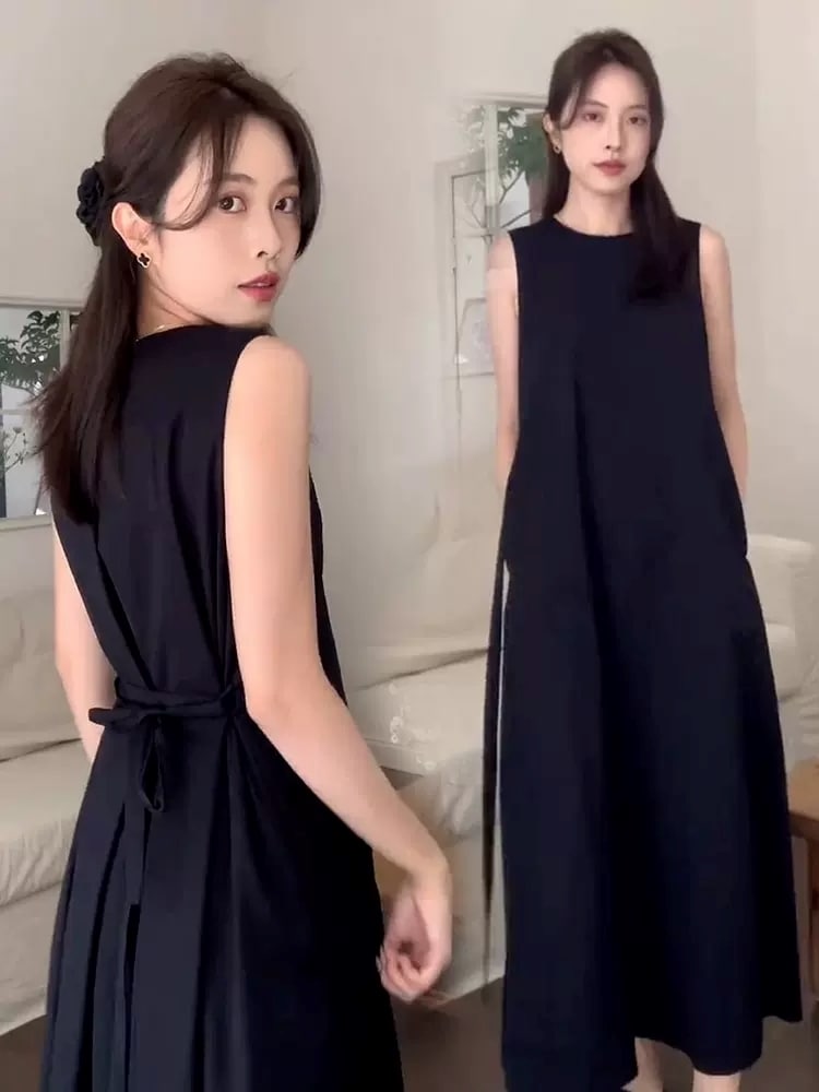 ワンピース ノースリーブワンピース ロングワンピース ワンピドレス ノースリーブ ラウンドネック Aライン ウエストリボン バックリボン シンプル 大人 上品 おしゃれ お洒落 クール エレガント