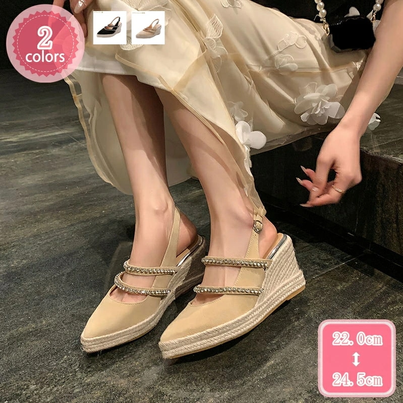 2000円OFFクーポン 3ポインテッドトゥ パンプス サンダル バックストラップ ラインストーン きらきら ウェッジソール かかとなし スウェード ミュール サンダル 結婚式 二次会 パーティー ハ