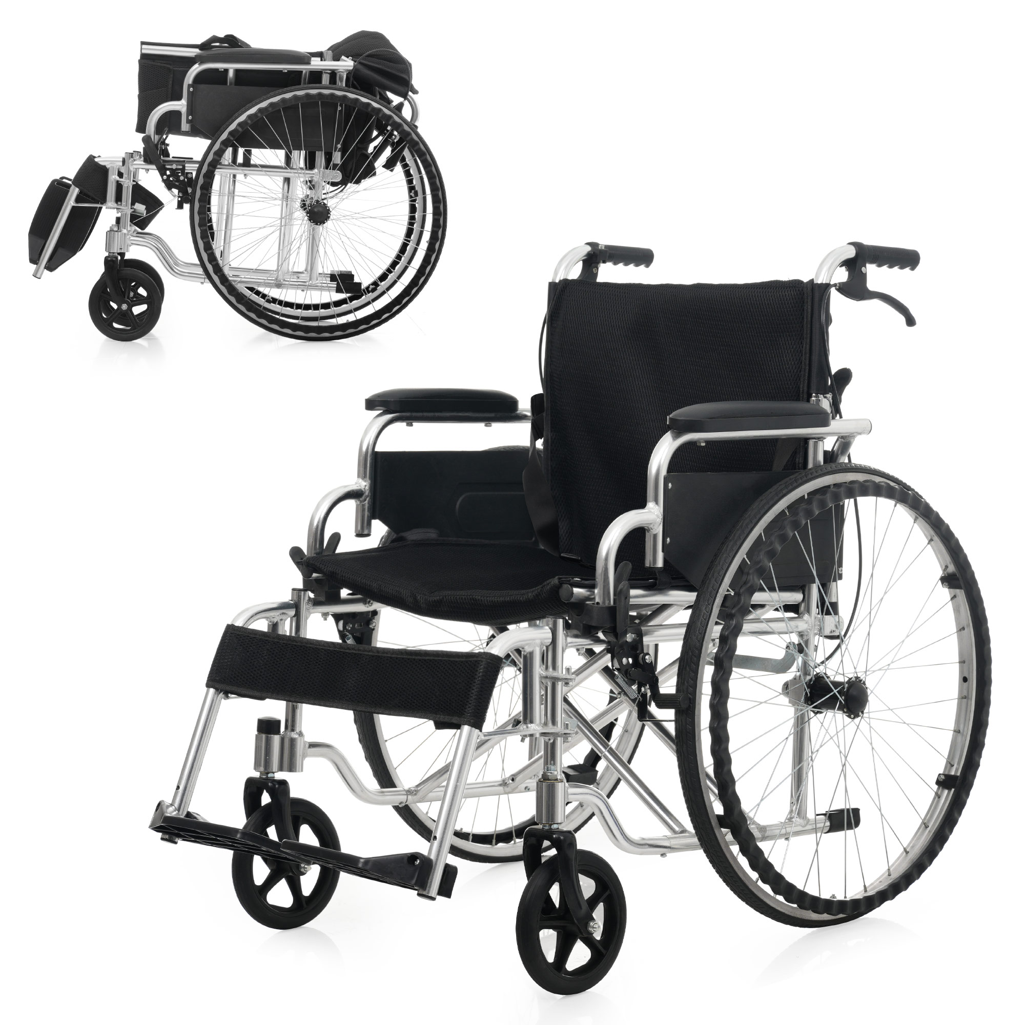 G64車椅子 折畳み 自走式 自走介助兼用 自立できる 軽量 コンパクト ノーパンクタイヤ 折りたたみ 収納可能 超軽量 コンパクト 安全ベルトつき 背面ポケット 外出用 介護 福祉用具 ブラック