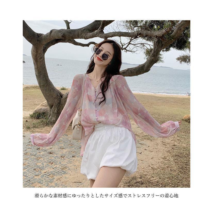 シフォンブラウス 長袖 レディース ブラウス 前開き 体型カバー シフォンシャツ Vネック デコルテ見せ 春 夏 お洒落 カジュアルシャツ