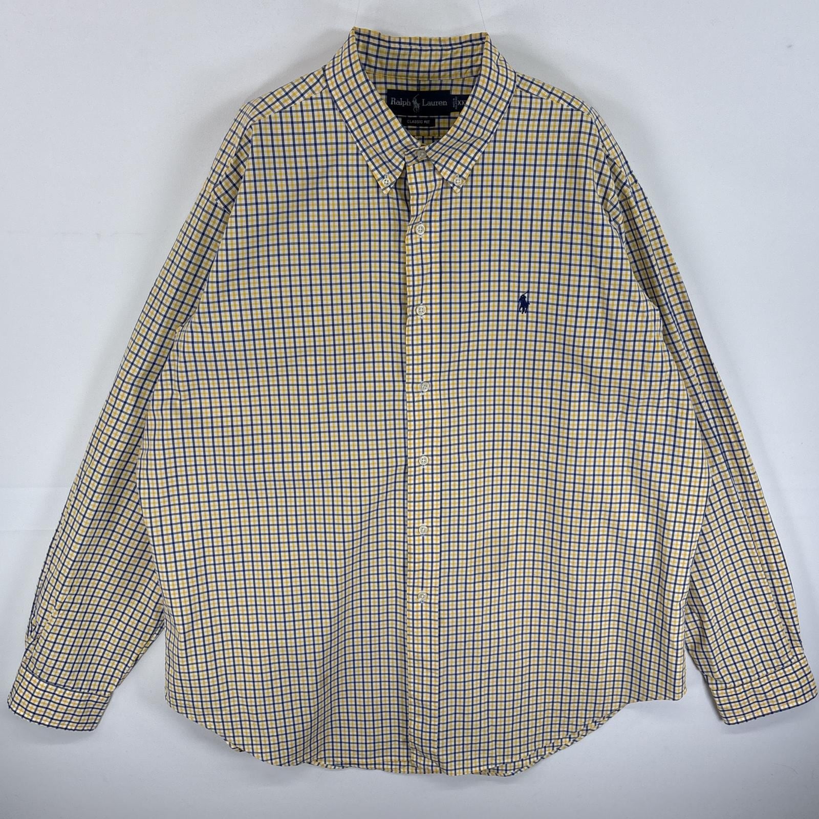 古着 90s/90年代 長袖シャツ ワンポイント ロゴ 刺繍 大きいサイズ ボタンダウンシャツ XXL イエロー系 チェック メンズ