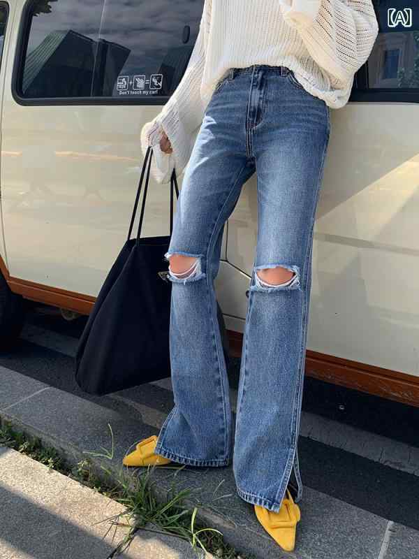 デニムパンツ レディース ダメージ ジーンズ クラッシュ ボトムス スリット 秋 カジュアル ファッション レトロ ハイウエスト ストレート ブルー ブラック