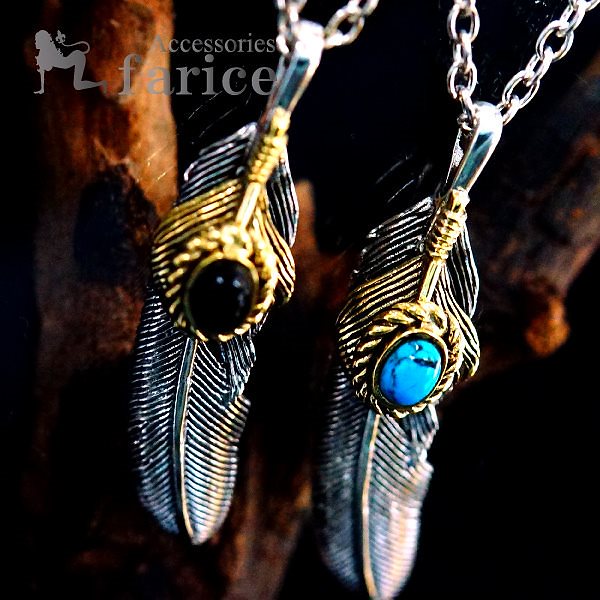 イーグルフェザーモチーフ ターコイズorオニキス装飾 ゴールドカラーハートフェザー(鷲の胸羽)&ロープ(縄目)立体デザイン メンズ インディアンジュエリー シルバー925 ペンダント ネックレスス 5,724円