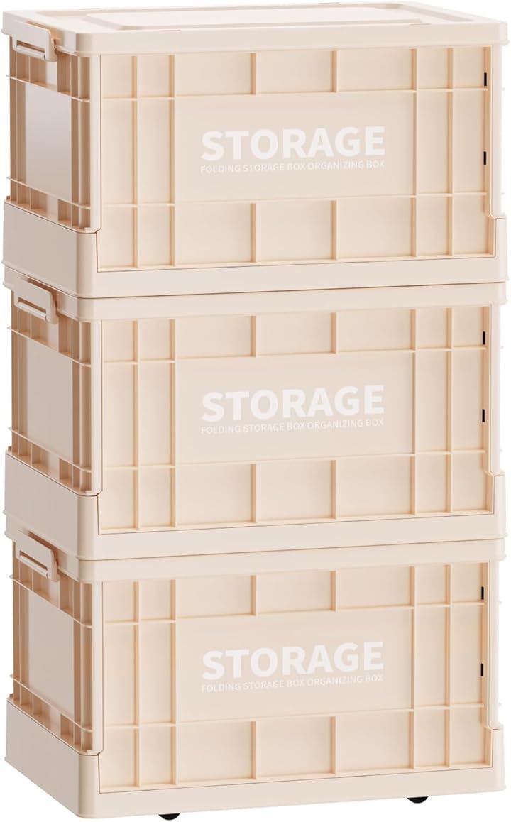 収納ボックス 折りたたみ式 大容量 コンテナボックス 蓋付き キャスター付き おしゃれ プラスチックケース クローゼット 押入れ 衣類(3個セット，クリームホワイト, Large)