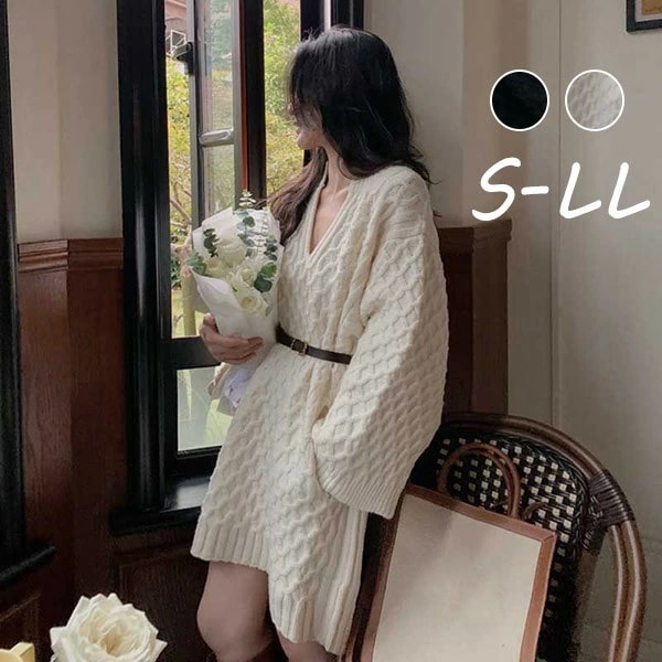 ワンピース レディース Vネック 長袖 ニットワンピ 春 春物 ベージュ ブラック お呼ばれ きれいめ 体型カバー 通勤 S M L LL dv219zezet2 5,431円