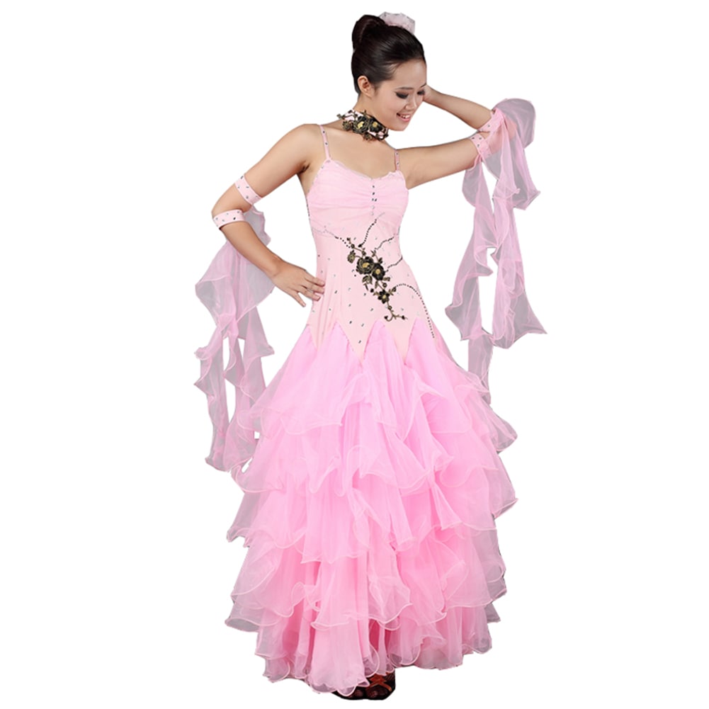 ピンク　社交ダンス モダンドレス ワンピースドレス 袖なし スタンダードドレス キラキラビジュー付き インターナショナルダンス 大きい裾 豪華 演出服 競技会 ワルツ服 競技用