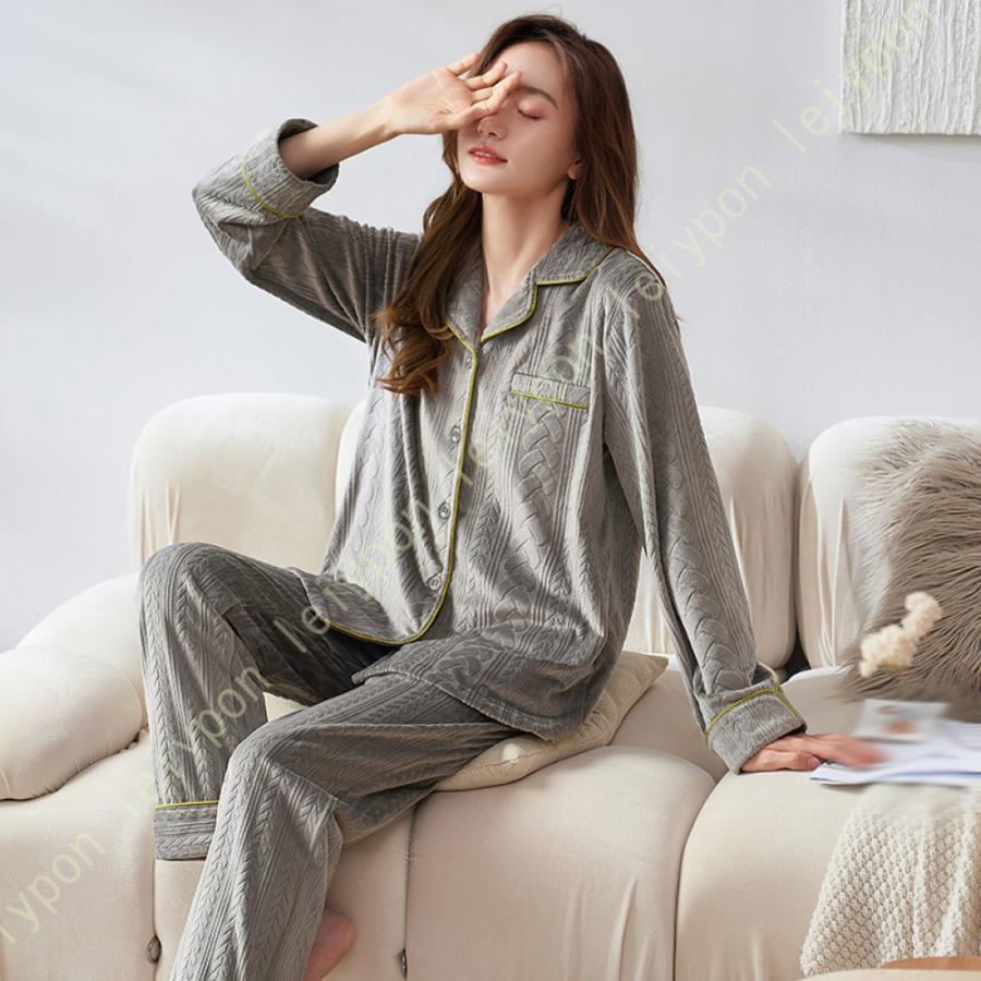 ルームウェア もこもこ 上下セット レディース 前開き パジャマ 春秋冬 部屋着 防寒 長袖 ロングパンツ 2点セット やわらかい 冬用パジャマ ウェア