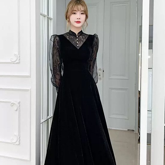 【取寄：納期2週間】結婚式ドレス イブニングドレス ベルベット発表会 演奏会 レディース フレアドレス 結婚式 ステージ衣装 長袖 ロング丈 エレガント ウエディングドレス カラードレス レース