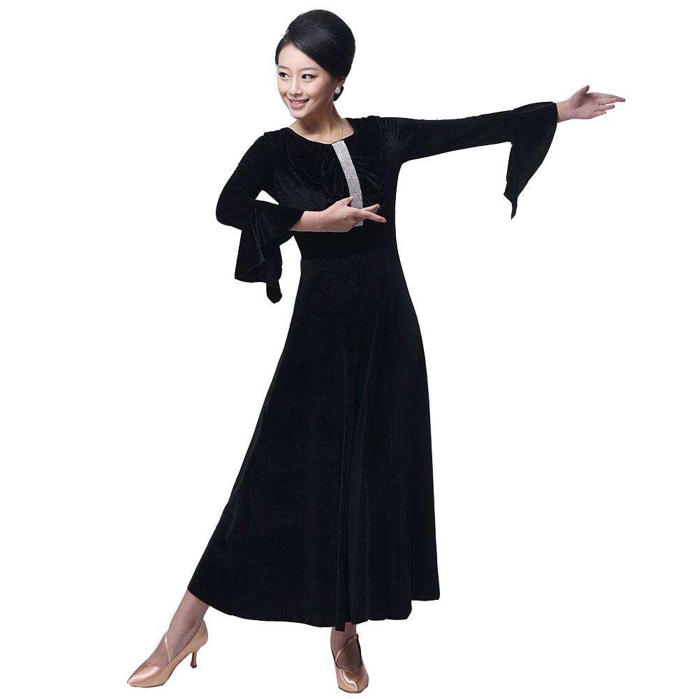 ベロア 社交ダンス モダンドレス ワンピースドレス スタンダードドレス キラキラビジュー付き インターナショナルダンス 大きい裾 豪華 演出服 競技会 ワルツ服 競技用 S/M/L/XL/2XL/3