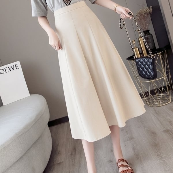 スカート ボトムス ミモレ丈 フレア ロング丈 スカート ダーツ 無地 モノトーン ウエストゴム ボリューム モード ハイウエスト ワイド ゆったり ストレッチ 韓国 かわいい 可愛い lbot035