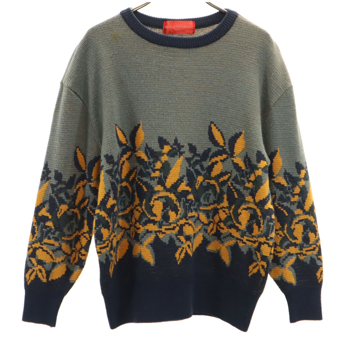 90s オールド 花柄 長袖 セーター M チャコールグレー ニット レディース 古着