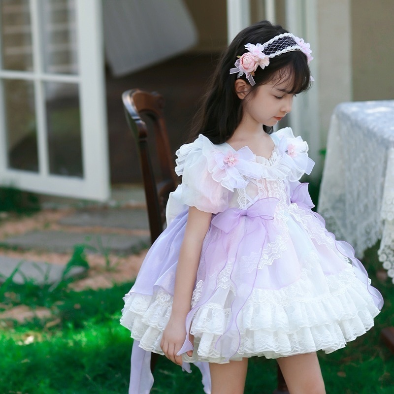 新作 ロリータ子供服 女児花のプリンセスドレス 子供泡袖ふわふわ紗スカート 発表会 七五三 卒園式 入学式