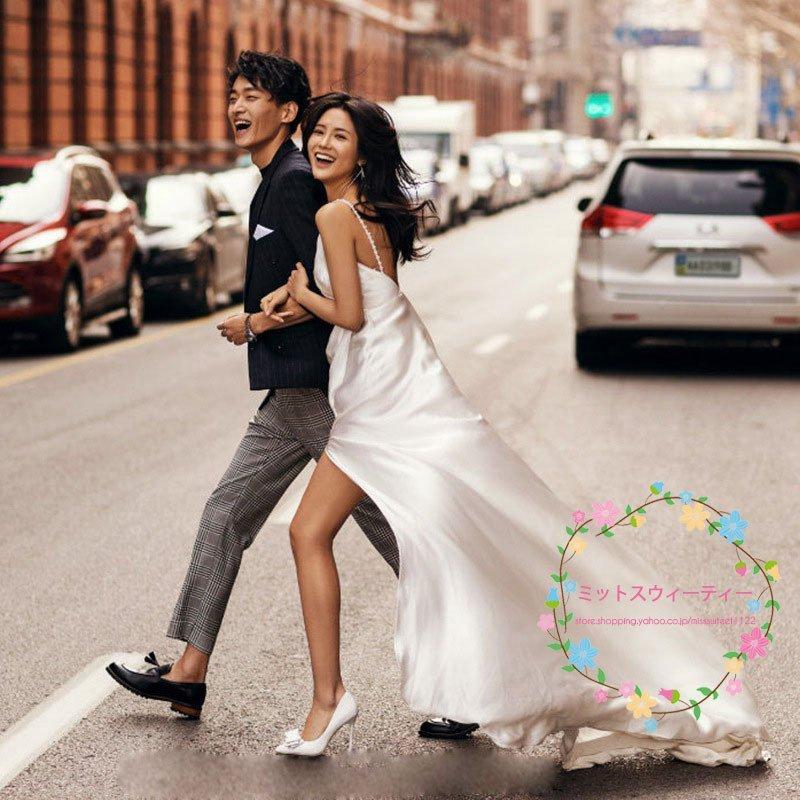 韓国ファッション撮影 海外挙式 花嫁 披露宴 セルフフォト シンプル ビーチ スリット リゾートウェディング 二次会 ウェディングドレス ドレス 結婚式 ウエディングドレス