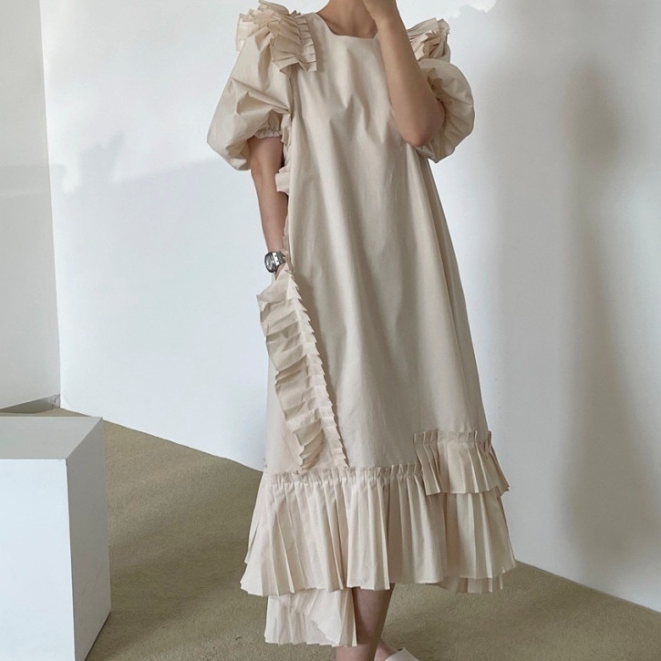 3色 ワンピース 半袖 春夏 きれいめ かわいい ロング aライン Aライン ワンピドレス ロング ロング丈 五分袖 ボリューム袖 ボリュームスリーブ 袖コンシャス パフスリーブ 萌袖 ラウンドネック