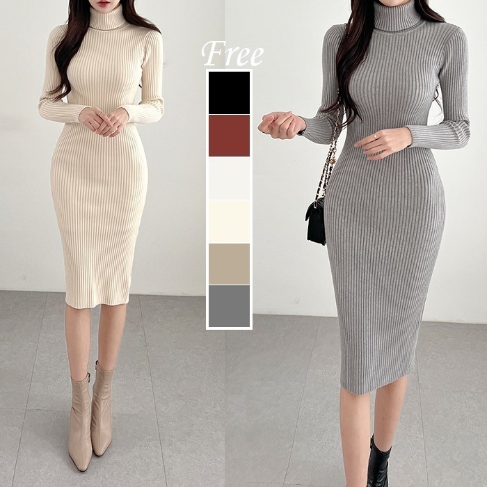 ニットワンピース 冬 タイトワンピ タートルネック リブニット