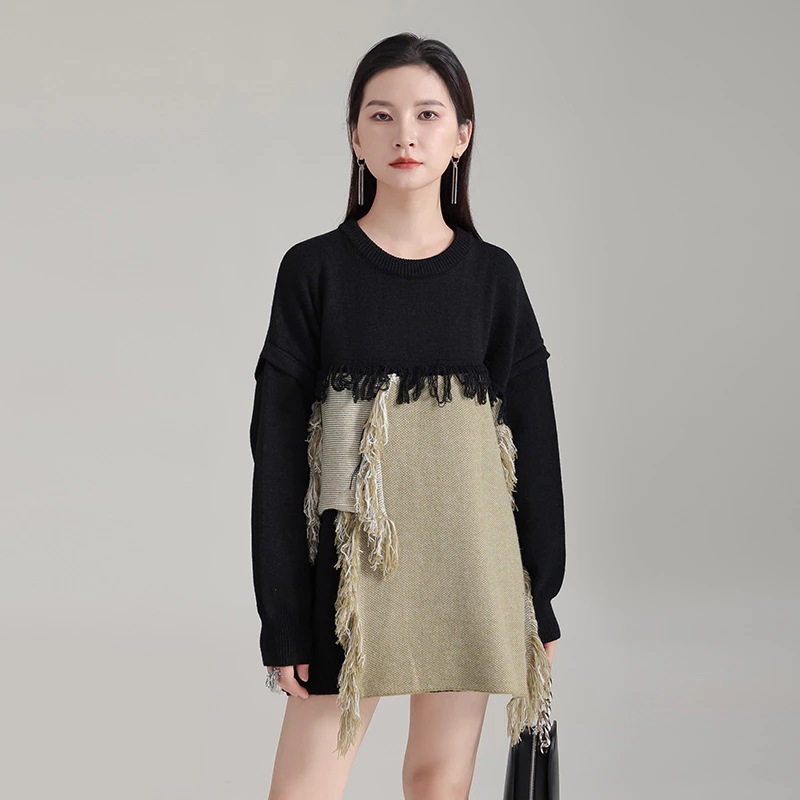 ベーシックニットセーター怠惰なレトロ切り替えフリンジ厚いニットウェア冬服ロングセーター