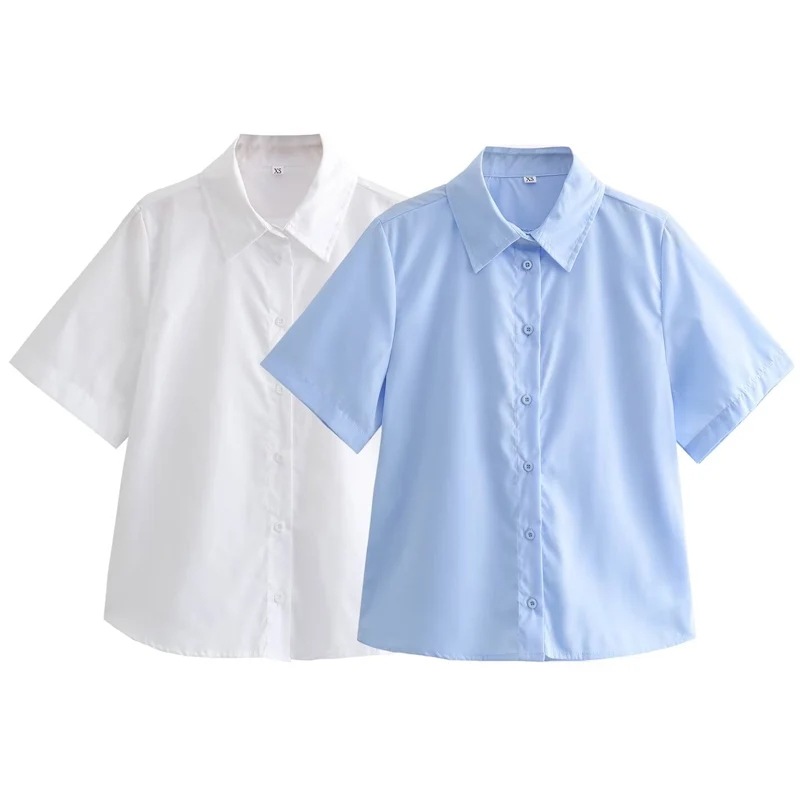 Hxao-女性用のクロップシャツとブラウス白青ポプリンブラウス半袖ボタンアップシャツライトプレッピーカジュアルシャツ夏 - 200000345