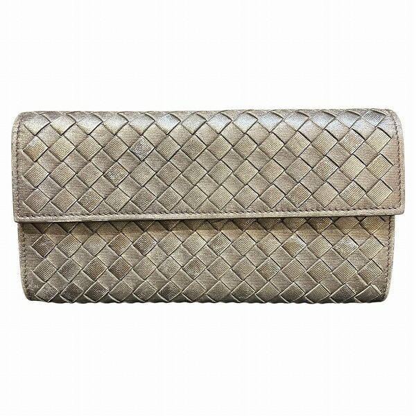 ボッテガ・ヴェネタ イントレチャート 150509 メタリックグレージュ レザー 長財布 【中古】