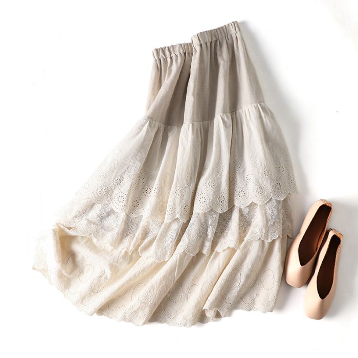 2026新入荷！【早割り】 レディース スカート 森ガール ロリータ 長め マキシ 膝スカート 秋 三層 レース 刺繍 ゆったり 体型カバー 細見え 透け感 可愛い 大人可愛い 大人カジュア