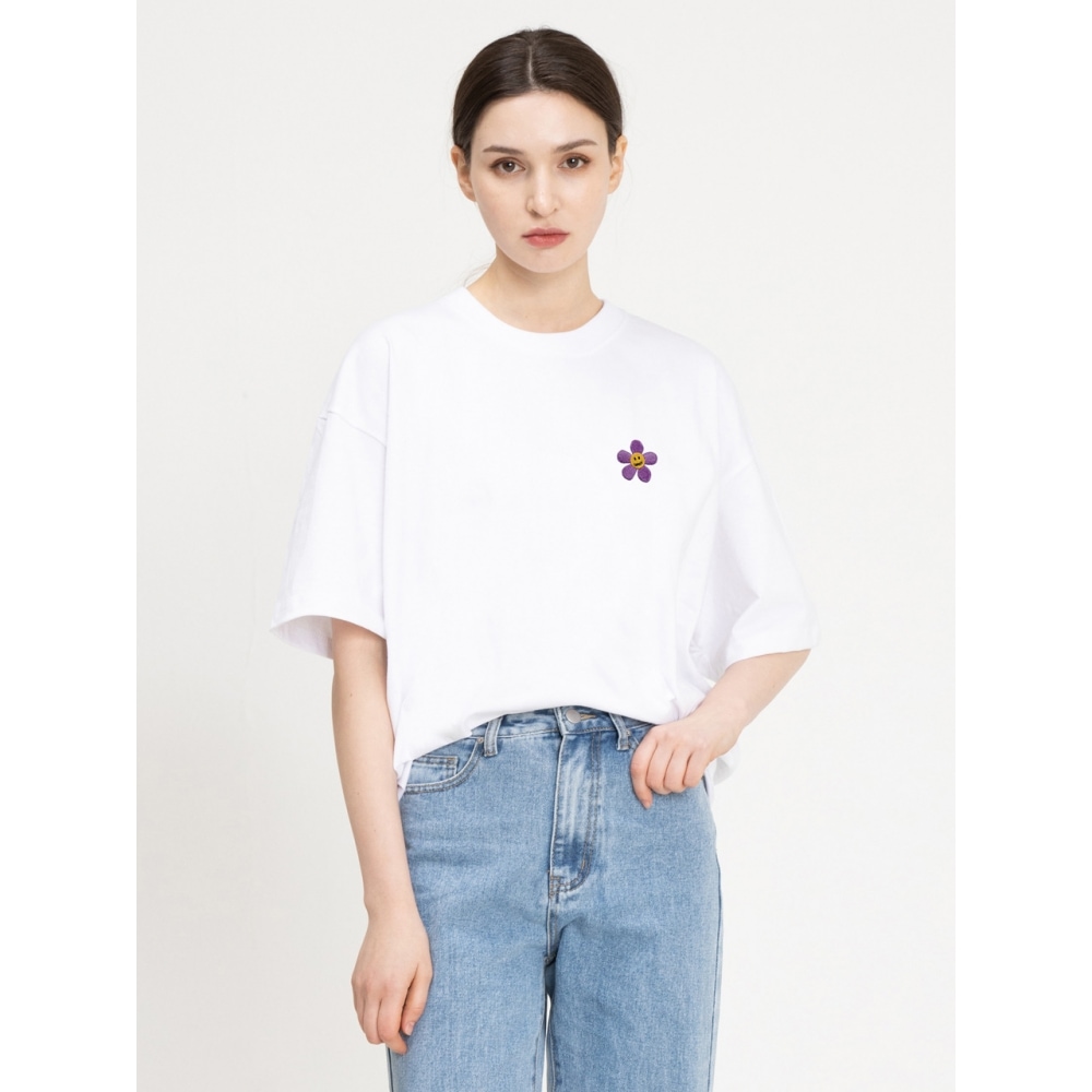 GRAVER パープルフラワーエンブロイダリー半袖Tシャツホワイト