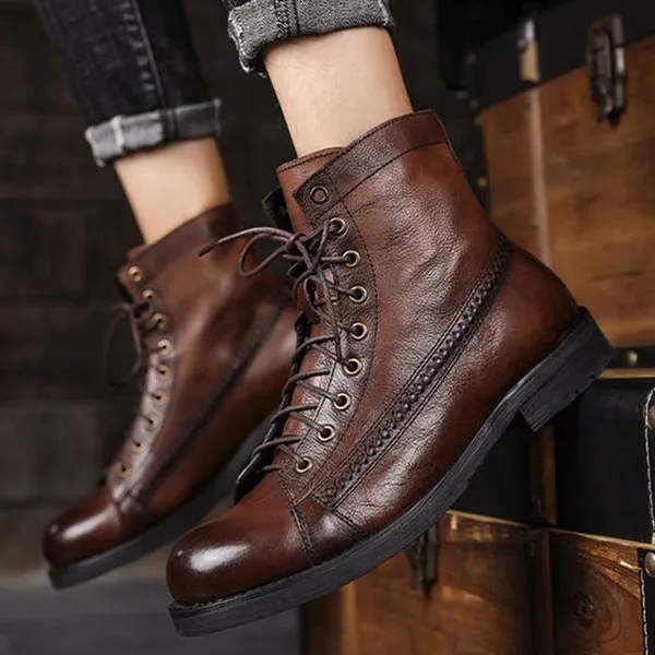 Men Pu Short Boots Casual Ankle Boots Motorcycle Boots Plus Size 38-48 Mens Casual Lace Up Booties C