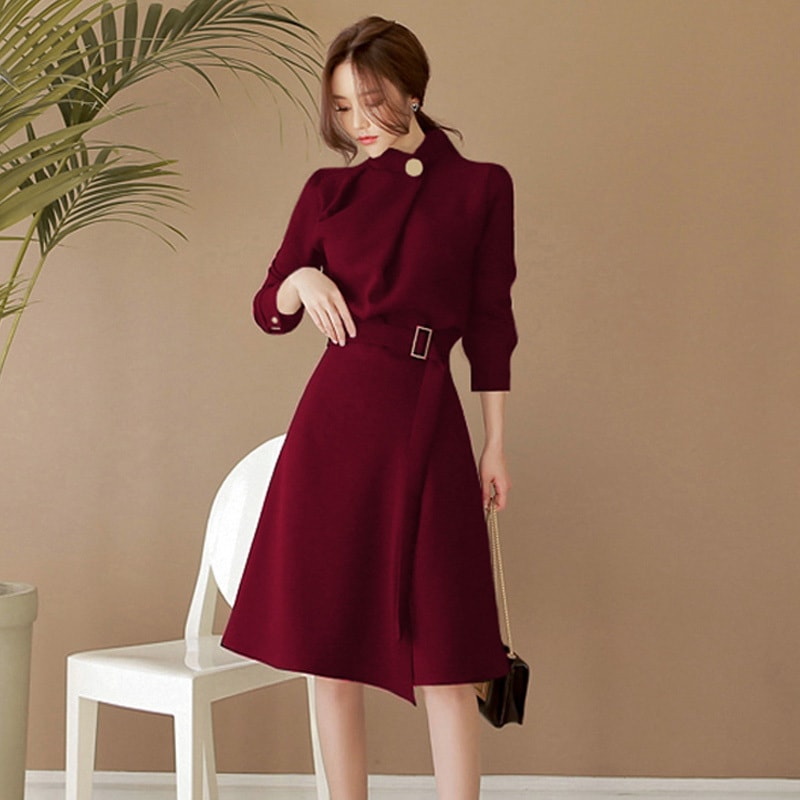 ワンピース ミディアム丈ワンピース 長袖 ハイネック デザインボタン ウエストベルト スリット Aライン フレア ミディアム丈 かわいい 大人可愛い きれいめ シンプル 上品 おしゃれ きちんと