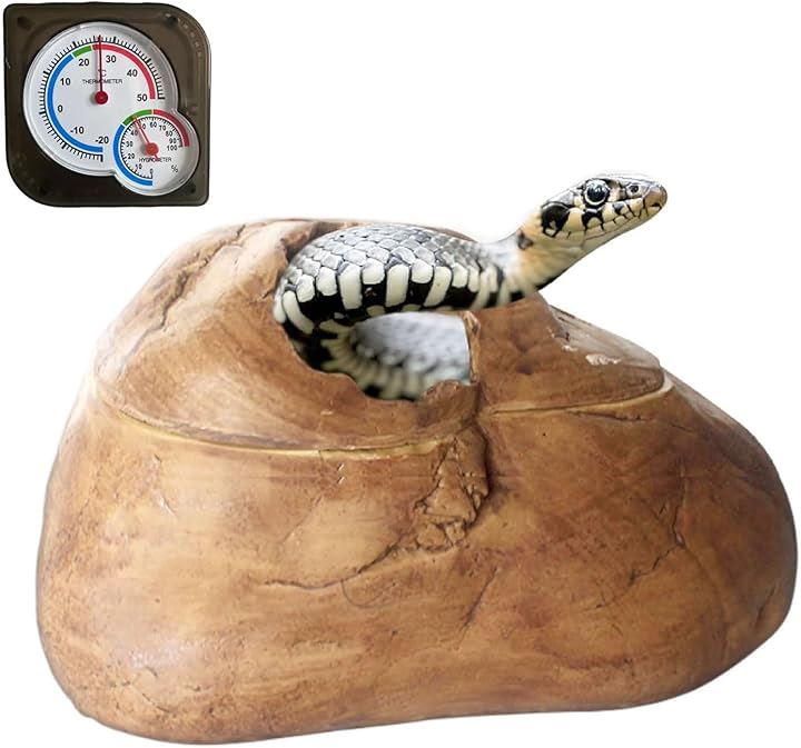 蛇 ヘビ シェルター 大型 家 ロックシェルター 隠れ家 特大 テラリウム ハウス オブジェ 温湿度計付き(大-温湿度計付き)