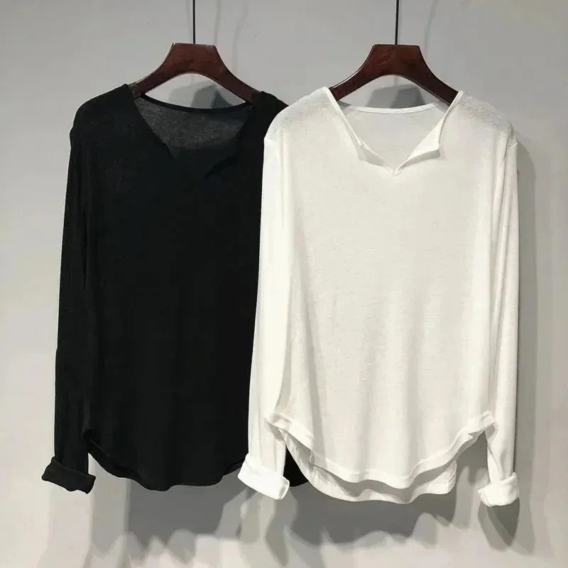 ロンT 無地 Vネック セミロング 長袖 夏 tシャツ 半袖 レディース ゆったり インナー 無地 着やせ トップス UVカット