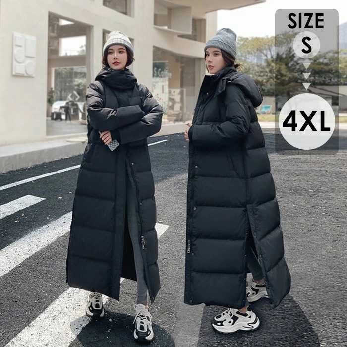【新品】シンプル綺麗なロングダウン黒 ダウンジャケット フード付き ロングコート ダウンコートフード付きLサイズ黒ブラックロングコート防寒