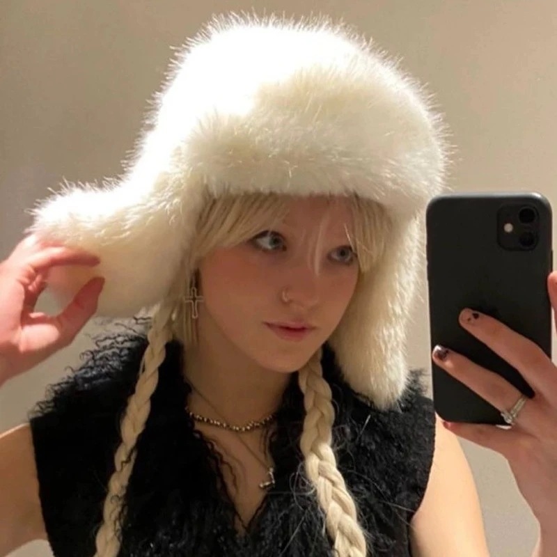 女性用フェイクファーボンバーハットイヤーフラップ付き屋外スキーハットトレンディな厚手のイヤーマフイヤープロテクションウォームパイロットキャップ冬2023