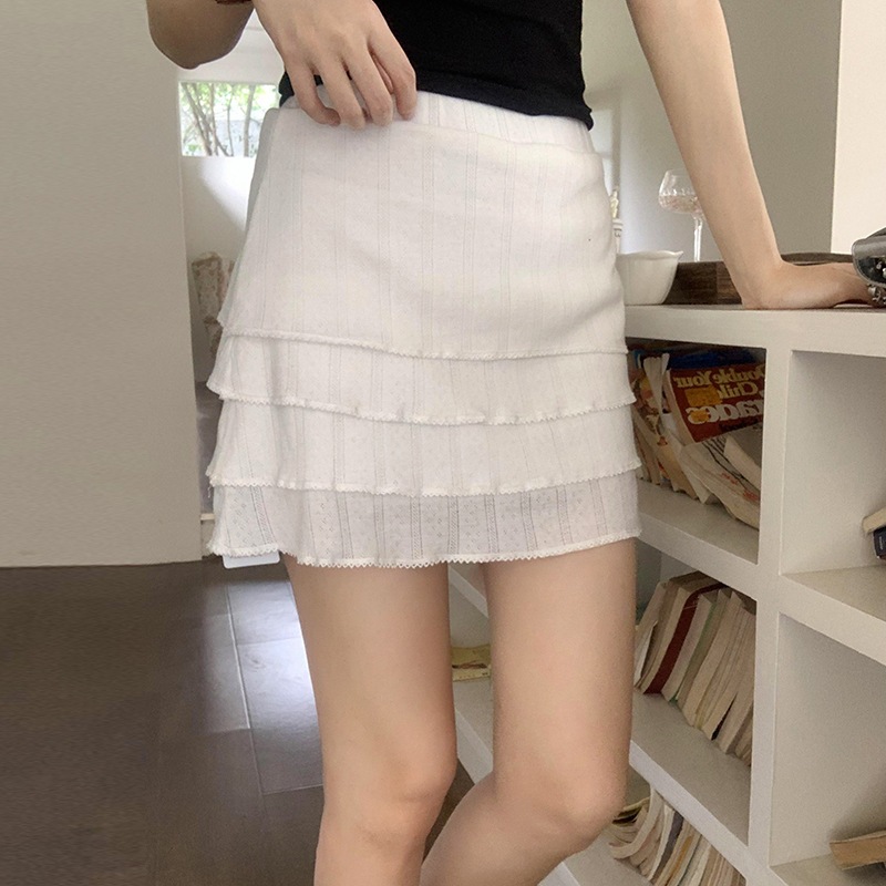 【1つ買うと10つ無料】女性向けの小さなハイウエストホワイト ラインケーキスカート2025夏のハイエンドハーフボディスカート