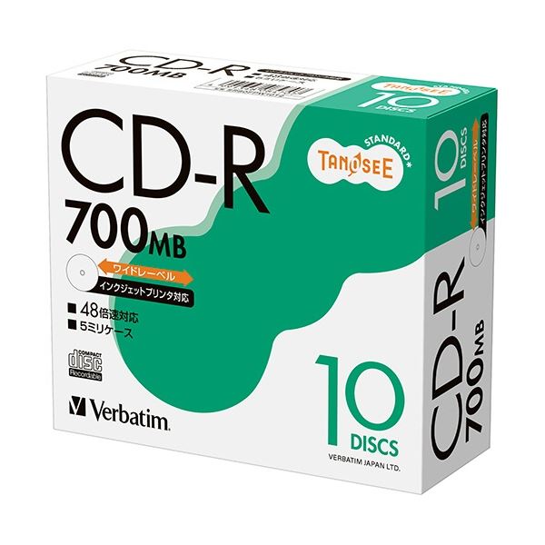 (まとめ) TANOSEE バーベイタム データ用CD-R 700MB 48倍速 ホワイトワイドプリンタブル 5mmスリムケース SR80FPW10T2 1パック(10枚) (×20セット) 12,422円