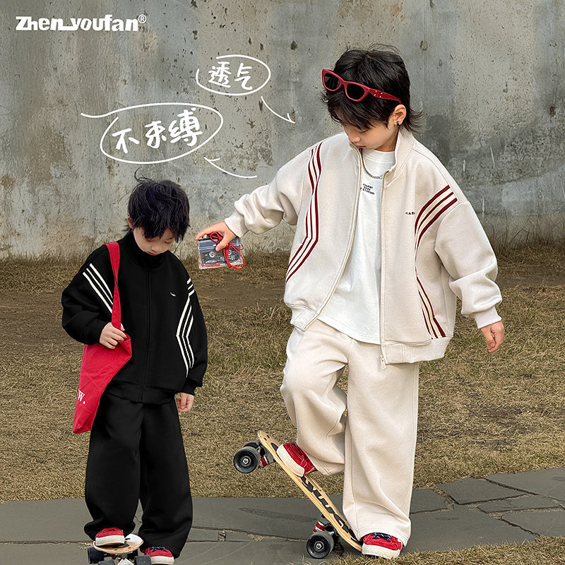 子供服男の子用スウェットセットアップ 春の カジュアルでゆったりとした服 年長児向けスポーツツーピースセット トレンド