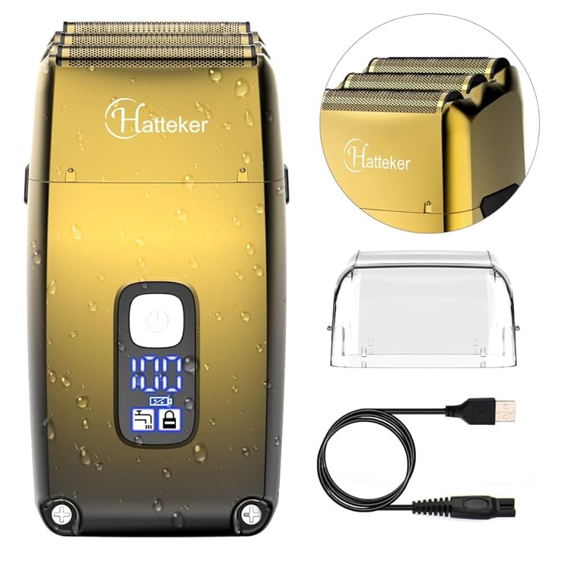 Hattekerトリプルブレードフォイルシェーバー電気かみそり男性用クローズボールドヘッド理髪店シェーバートリマー防水ウェット＆ドライコードレスゴールド