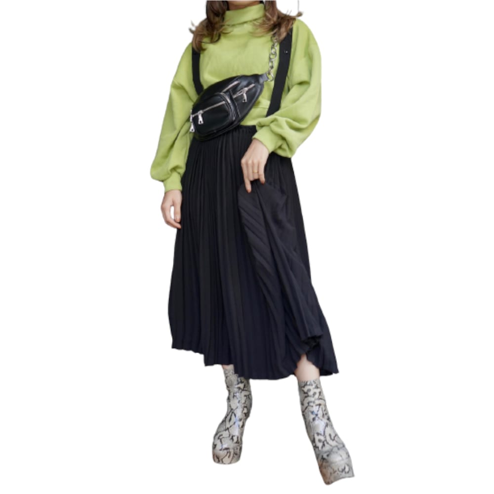 Cross Strap Pleats Jumper Long Skirt (black) A,D,G レディース