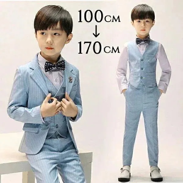 キッズスーツ キッズ 子供スーツ ボーイ 男の子 水色 ストライプ おしゃれ 長袖 6点セット ジャケット ベスト フォーマル 蝶ネクタイ シャツ付き 卒業式 入学式 キッズフォーマル ピアノ 発表会