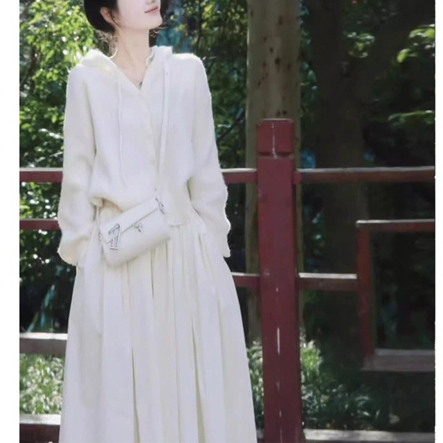 ハイエンドのカスタマイズ-プラスサイズのファットmmフード付きセーターとスカートのツーピースセットの完全なセットを備えた優しい巨乳のストリートスタイルの秋の服装