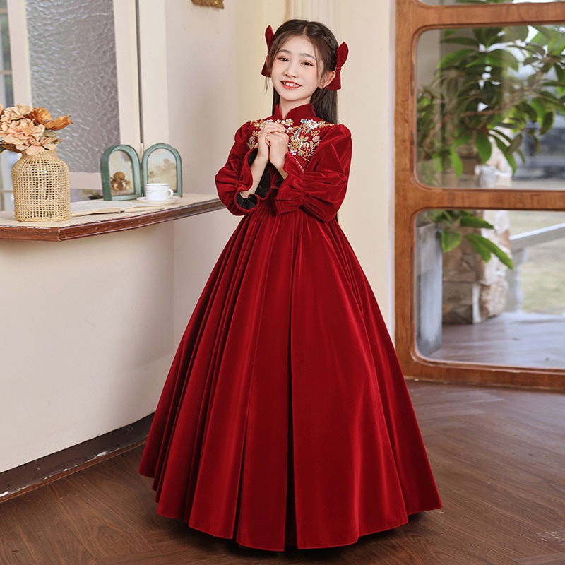 赤い女の子の誕生日グリーティングドレススプリングフラワーガールプリンセススカートスカートチルドレンズピアノパフォーマンススーツ