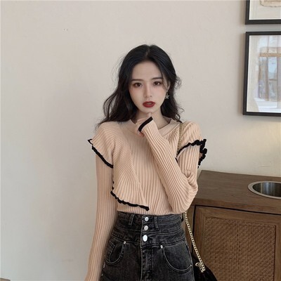 トップス デート ブラウス カットソー ニットソー セーター 袖あり 長袖 スリム タイト 細身 春 個性的 アプリコット グリーン ブラック S M L XL レトロ フリル ガーリー エレガント 6,273円