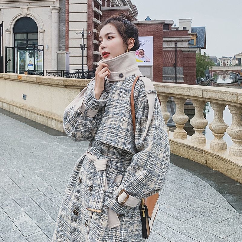 ツイードコートレディースミディアム2024冬作小柄レトロチェック韓国ゆったり厚のコート