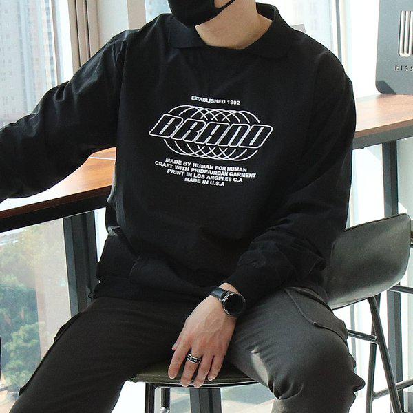WIN メンズ ビッグサイズ カラーネック ウーブン 長袖 Tシャツ
