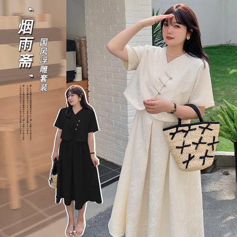 【ぽちゃまに】 夏新品 上下セット 大きいサイズ ブラウス＋スカート 中華風 体型カバー チャイナ レディース セットアップ メガ割30%までに制限
