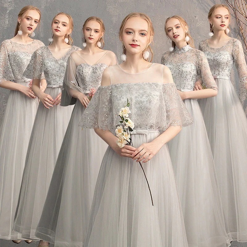 花嫁ロングドレスブライズメイド ドレス グレー お揃いドレス フォーマルドレス 体型カバー Vネック 母親 結婚式ワンピース 同窓会 パーティードレス30%までに制限