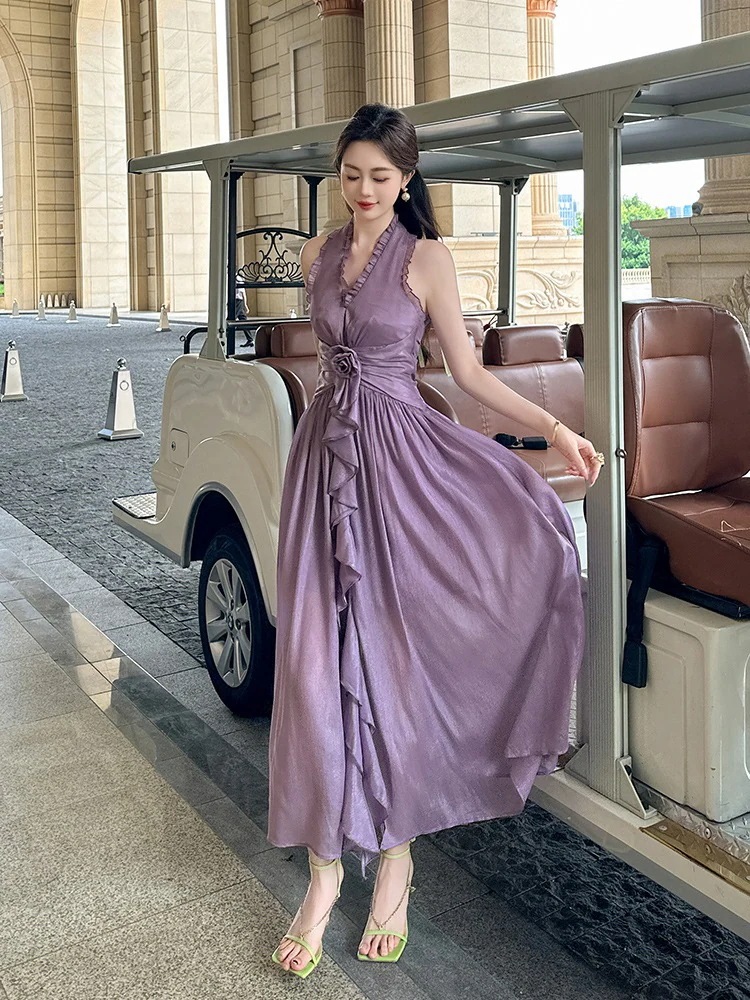 2024夏新品 vネック リゾート ロングワンピース フリル 旅行 紫 ドレス パーティー キャバ 大人 同窓会 披露宴 卒業式 結婚式 演奏会 ウェディング 二次会 メガ割30%までに制限
